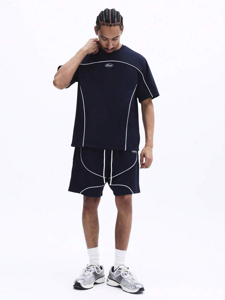 Navy Crew Neck T-Shirt And Shorts Set With Piping