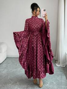 Elenzga 女士箔片格纹高领喇叭袖优雅长裙 - 紅色 - 查看 1