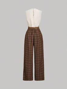 SHEIN MOD Bộ áo liền quần kẻ caro phối mảnh dành cho nữ, kiểu dáng thường ngày, thích hợp đi làm. - màu nâu - Xem 2
