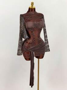 Amplova 女士蕾丝衬衫搭配复古红色薄纱抽绳下摆迷你修身连衣裙，波西米亚风派对装扮 - 棕色 - 查看 6