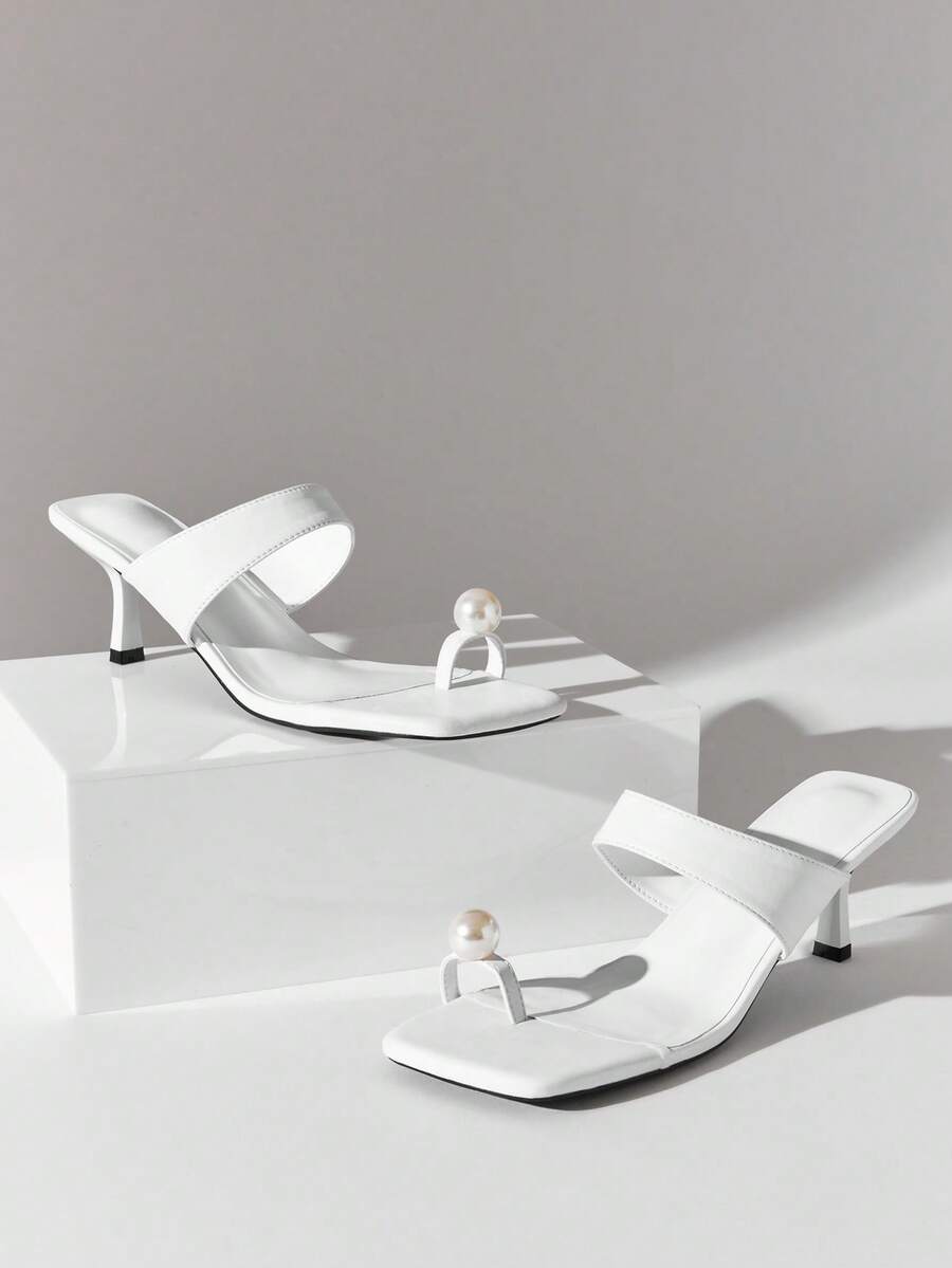 SHUZIA Women's Elegant Pearl Ornament Decor Toe Ring Slip-On Stiletto Sandals - White - View 1