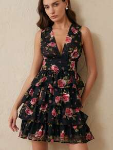BELROSIE Black And Pink Background Rose Flower Layered Jacquard Silhouette V-Neck Sleeveless Elegant Dress Garden Party Summer - Multicolor - View 7