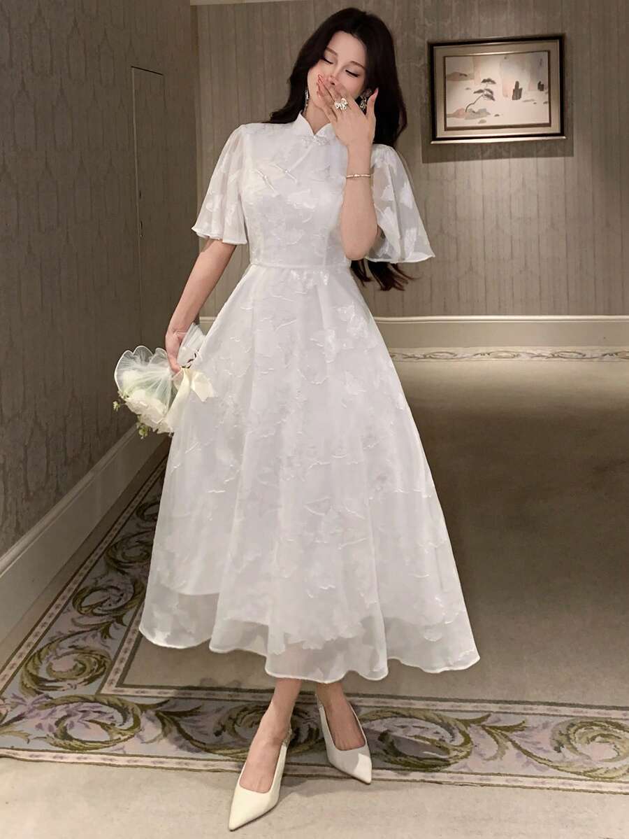 DAZY 女士优雅印花立领荷叶袖中长连衣裙，夏季 - 米色 - 查看 1