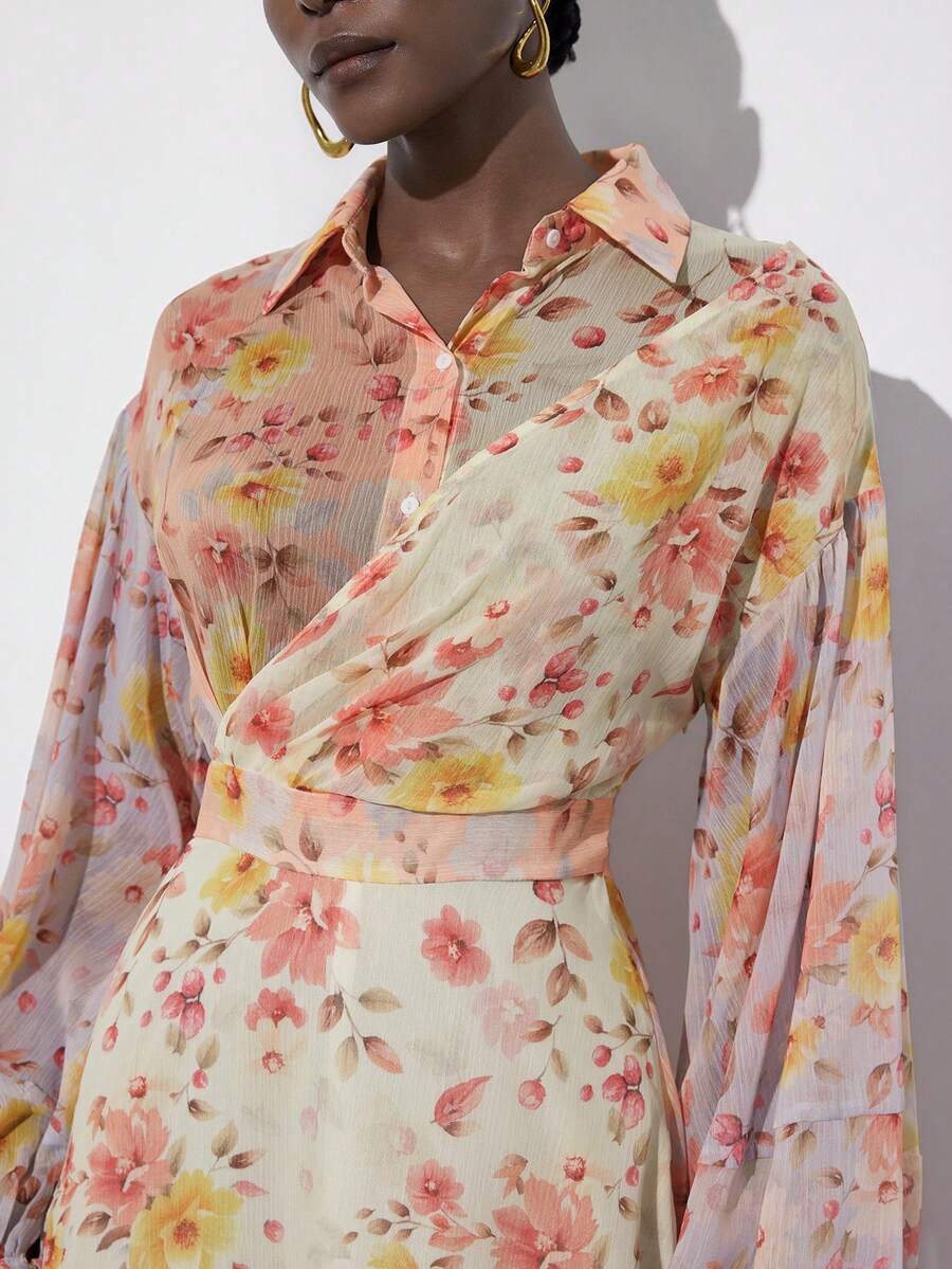 Aveloria Modichic Đầm dài tay bằng vải chiffon in họa tiết hoa chuyển màu, phong cách đồng quê lãng mạn, thích hợp cho hoạt động ngoài trời mùa xuân/hè, thiết kế cổ áo sơ mi, chi tiết nhún eo, tay áo rộng bồng bềnh, chất liệu nhẹ, lý tưởng cho kỳ nghỉ, hẹn hò, mua sắm, dã ngoại, tiệc vườn, tiệc trà chiều, dự đám cưới, triển lãm nghệ thuật và du lịch, thể hiện vẻ đẹp duyên dáng và thanh lịch. - Nhiều màu - Xem 1
