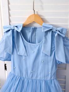 SHEIN 少女蓝色优雅连衣裙。这款公主风连衣裙适合儿童日常穿着、生日派对、钢琴演奏会、婚礼花童等各种场合。连衣裙采用蓝色雪纺面料，肩部饰有大蝴蝶结。 - 藍色 - 查看 4
