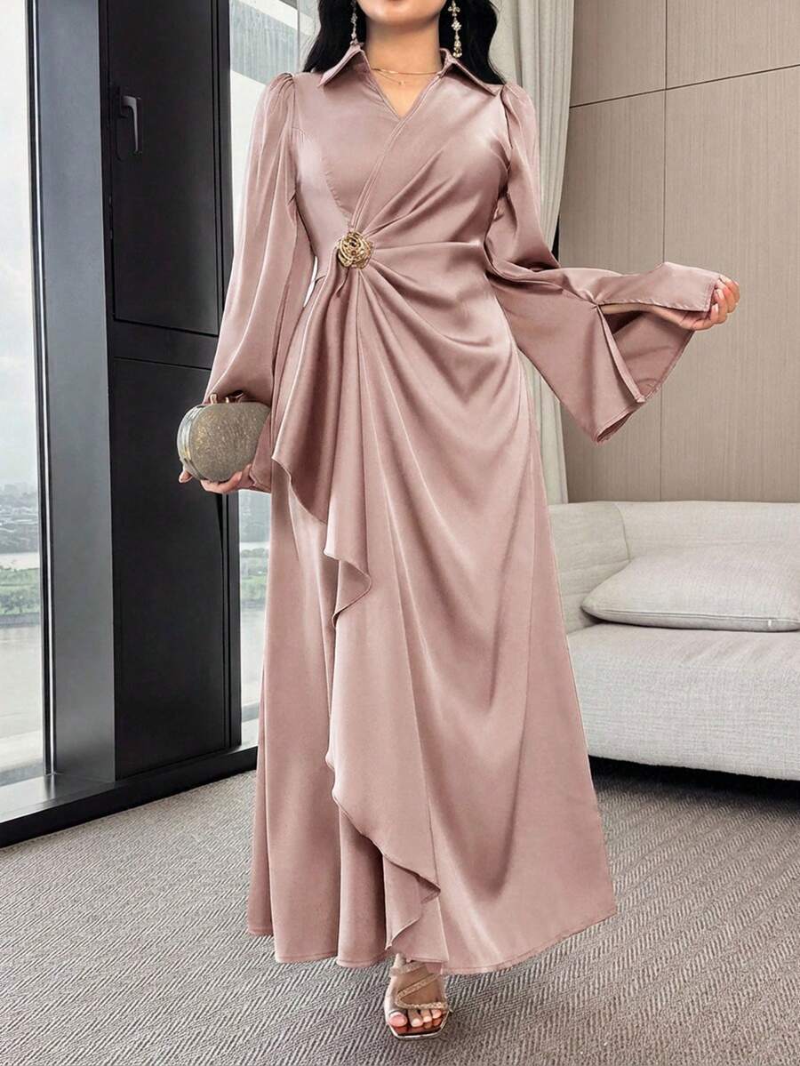 Modelyn Đầm dài tay xẻ tà màu trơn dành cho nữ, trang trí kim loại, xếp ly. - Hồng - Xem 1