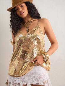 Freevana Áo hai dây lưới đính sequin cỡ lớn dành cho mùa hè - Nhiều màu - Xem 3