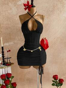 Soleia 女士针织镂空抽绳露背性感迷你连衣裙，适合派对、约会、情人节、复活节、狂欢节、下午茶、海滩、邮轮、秋冬季城市度假、感恩节和新年等场合。 - 黑色 - 查看 8