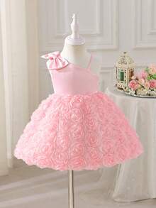 SHEIN Glamorique Kids 女婴花童伴娘礼服，婚礼，花童，优雅，3D玫瑰，生日派对，适合正式场合，生日拍照服装 - 粉色 - 查看 3