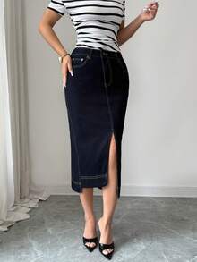 Selianne 女士优雅铅笔牛仔裙，带口袋和侧开衩 - 深色水洗藍 - 查看 6