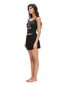 Rest Era Standard Size Women Gothic Style Lace Patchwork Cross Print Camisole And Shorts Pajama Set - Black - View 5