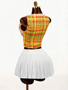 Mistrie Women's Fashionable Checkered Print Ruffled Lace Blouse With Ruffled Lace At The Neckline. Checkered Print Blouse With Backless Ruffled Lace Detail. Women's Fashionable Piece. - Multicolor - View 2