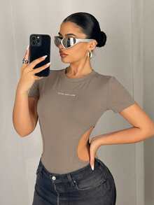 SHEIN ICON Y2K风格女士黑色高弹镂空无缝针织连体衣，运动连体衣 - 卡其色 - 查看 6
