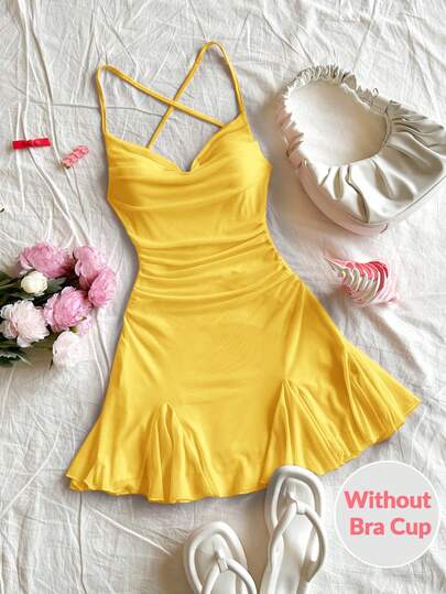 Soleia فستان صيفي قصير للنساء، بحمالات رفيعة، ياقة عميقة، ظهر مفتوح، ربطة عنق، ذيل سمكة، طراز جذاب وجريء، طول متوسط، للتسوق، رومانسي، للمواعدة، للشاطئ، شبكي، شابة، طفولي