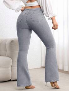 Flexra Plus Size High Waist Slim Fit Flare Leg Washed Dark Blue Jeans - Light Grey - View 2