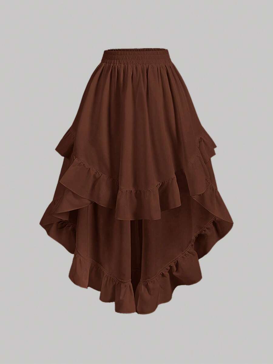 SHEIN MOD Chân váy nữ màu trắng xếp tầng, chân váy chữ A nhiều lớp màu đen kiểu retro. - màu nâu - Xem 1