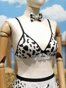 6pcs Bow Tie Cow Print Maid Costume Set, Lace Trim Sexy Lingerie Cosplay Outfit - Black and White - View 3