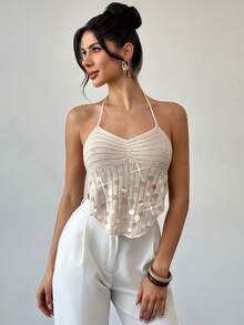 Firerie Women's Elegant Vacation Music Festival Romantic Sequin Crochet Knit Backless Shell Cami Top - Apricot - View 8