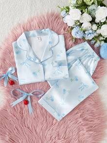 2pcs Tween Girls Cute Bow Print Lapel Cardigan Long Sleeve Top And Casual Pants Pajama Set Girls Pajama Set Fall Winter - Blue - View 7
