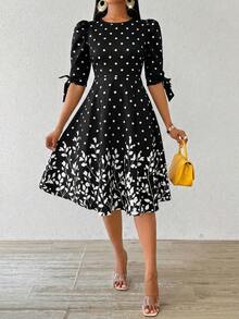 SHEIN Lady Women's Elegant Polka Dot & Floral Print Petal Sleeve Midi Dress, Summer - Black and White - View 5