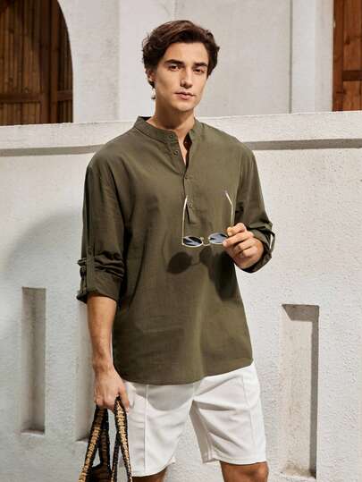 Mercer Haus 男士复古老钱风格纯色卷袖立领半扣衬衫 - 轻盈透气亨利衫男士衬衫水洗棉四季皆宜百搭休闲风格，适合夏季夏威夷热带度假。