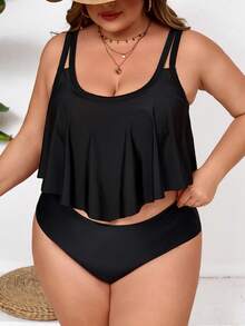 SHEIN CURVE+ Top de tankini de baño de talla grande para mujer, de unicolor, fruncido, casual y versátil para vacaciones - Negro - Ver 4
