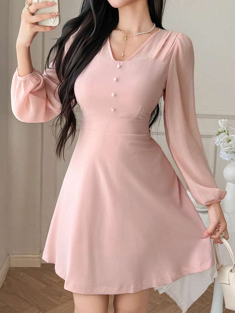Women's Solid Color V-Neck Pleated Elegant Long Sleeve Dress,Valentine Outfits For Women Sundress