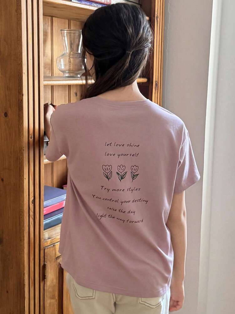 Tween Girls' Casual Floral & Slogan Print Round Neck Short Sleeve T-Shirt, Summer