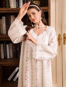 PalaceNights Floral Print Lace Decorated Loose Long Sleeve Robe, Camisole Slip Dress With Ruffle Trim, Woven Textured Fabric Women Pajama Set - Apricot - View 6