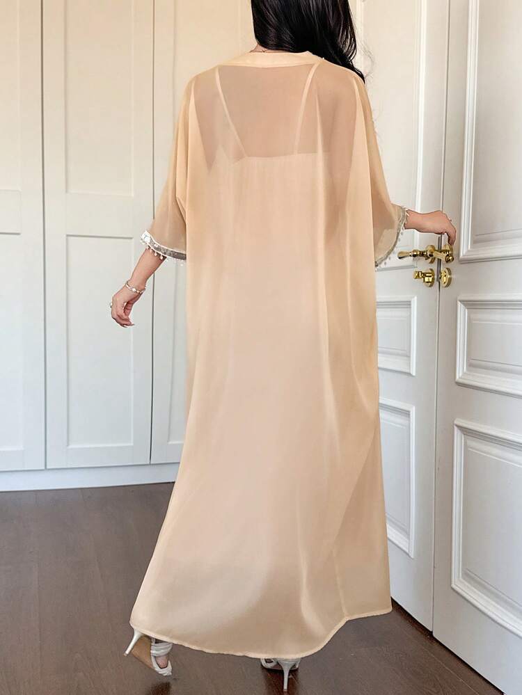 Rhinestone Trim V-Neck Loose Long Robe Elegant Party Robe For Women, Summer Sun Dresses For Women