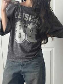 FRIFUL Women's Casual Loose Fit Off-Shoulder T-Shirt With Bowknot Strap And Letter Print, Suitable For Spring And Summer - Grey - View 3