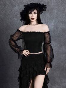 Glisette New Stylish Petal Sleeve Blouse, Sexy Off Shoulder Mesh Lace Patchwork Cinched Waist Women Top - Black - View 6