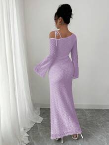Rafferiza 欧美时尚修身针织连衣裙，性感露肩紧身长袖连衣裙，女士长款套装 - 淡紫色 - 查看 3