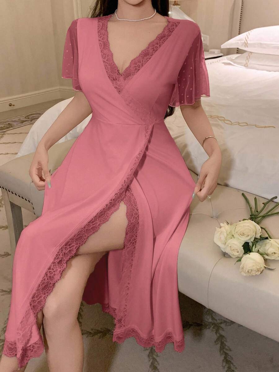 DAZY 蕾丝针织拼接波点网纱长款睡裙，女士夏季家居服 - 粉色 - 查看 1