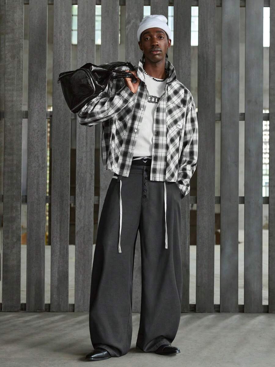NEON BLANC Men's Solid Color Twist Pocket Casual Wide Leg Pants - Black - View 1