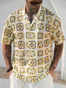 Manfinity CasualCool Chemise jacquard ajourée pour hommes, motif floral géométrique ajouré, ambiance rafraîchissante pour les vacances, convient pour les tenues décontractées, excellent cadeau pour le petit ami, l'ami, le mari - Multicolore - Voir 7