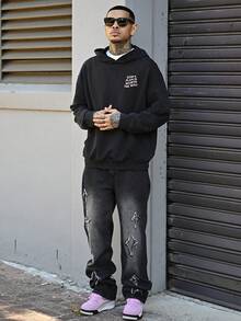 Devon Thys Áo hoodie có túi họa tiết chữ cổ điển dành cho nam, dành cho mùa thu - màu đen - Xem 1