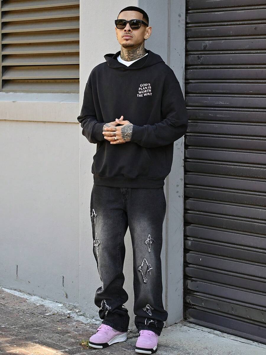 Devon Thys Áo hoodie có túi họa tiết chữ cổ điển dành cho nam, dành cho mùa thu - màu đen - Xem 1