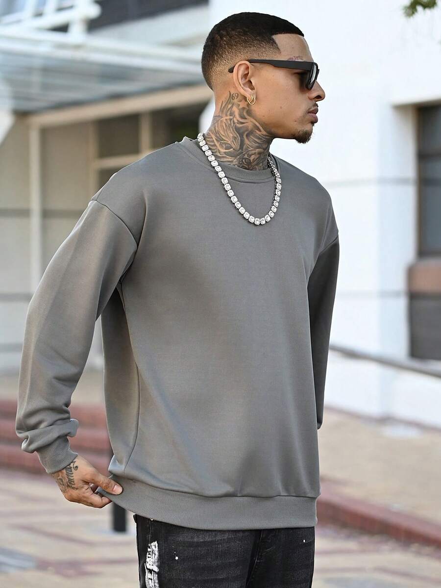 Devon Thys 男士休闲纯色圆领运动衫，春/秋 - 深灰色 - 查看 1