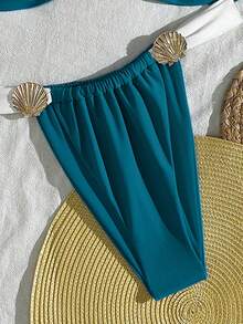 Swim Vcay Women's 2 Pieces Solid Color Patchwork Shell Decor High Waist Triangle Bikini Set, Minimalist Daily Swimwear - Multicolor - View 5