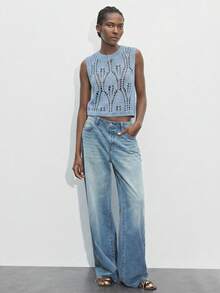 Maija Blue Plain Round Neck Sleeveless Sheer Knit Top For Women Regular Length Casual Style - Blue - View 2