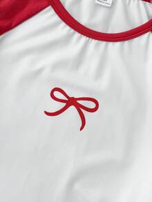 Tween Girls' Red & White Contrast Bow Print Knit Pullover T-Shirt, Casual, Fashionable, Versatile, Suitable For Outings, Sister Photo Shoots, Park Trips, Camping, Vacations, Daily Leisure - Red and White - View 4