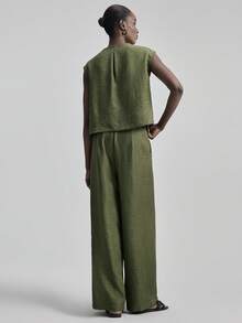 Ontre 2026SS New Arrival Spring/Summer Women's 2-Piece Set, Military Green, V-Neck Sleeveless Blouse & Relaxed Fit Pants, Comfortable Woven Fabric, Modern Urban Chic Business Casual Office Wear - Army Green - View 3