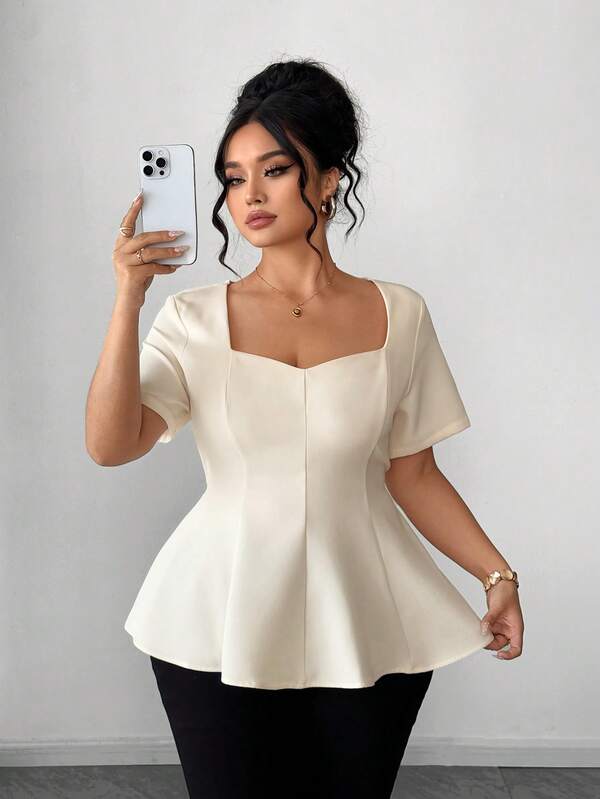 Elenzga Blusa de mujer de manga corta con cuello Mao, cuello cuadrado, cintura ceñida, bajo elástico y corte evasé, color albaricoque, elegante, estilo retro francés, minimalista, versátil, casual y formal para oficina, viajes y primavera/verano