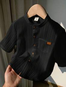 SHEIN 1pc Young Boys' Casual Collegiate Comfortable Linen Mandarin Collar Patch Pocket All-Match Versatile Shirt - Black - View 7