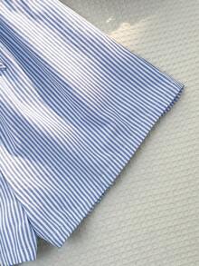 Sunnyshic Blue & White Striped Cotton Fabric Open Front Tie Waist Ruffle Hem Cropped Jumpsuit, Women Spring/Summer Vacation Beach Commute Elegant Sweet Simple Casual Versatile - Blue - View 6