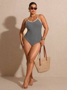 SHEIN Elaquor 大码条纹吊带连体泳衣 - 黑與白 - 查看 4