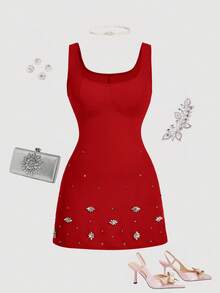 SHEIN MOD Plus Size Women's Rhinestone Embellished Shiny Elegant Pink Mini Dress, Suitable For Valentine's Day, Birthday Party - Red - View 1