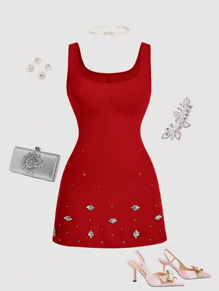 SHEIN MOD Plus Size Women's Rhinestone Embellished Shiny Elegant Pink Mini Dress, Suitable For Valentine's Day, Birthday Party - Red - View 1