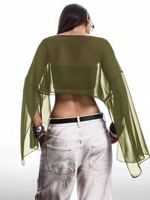 SHEIN EZwear Women's Solid Color Boat Neck Mesh Cropped Cape Sheer Blouse,Summer Top - Army Green - View 2